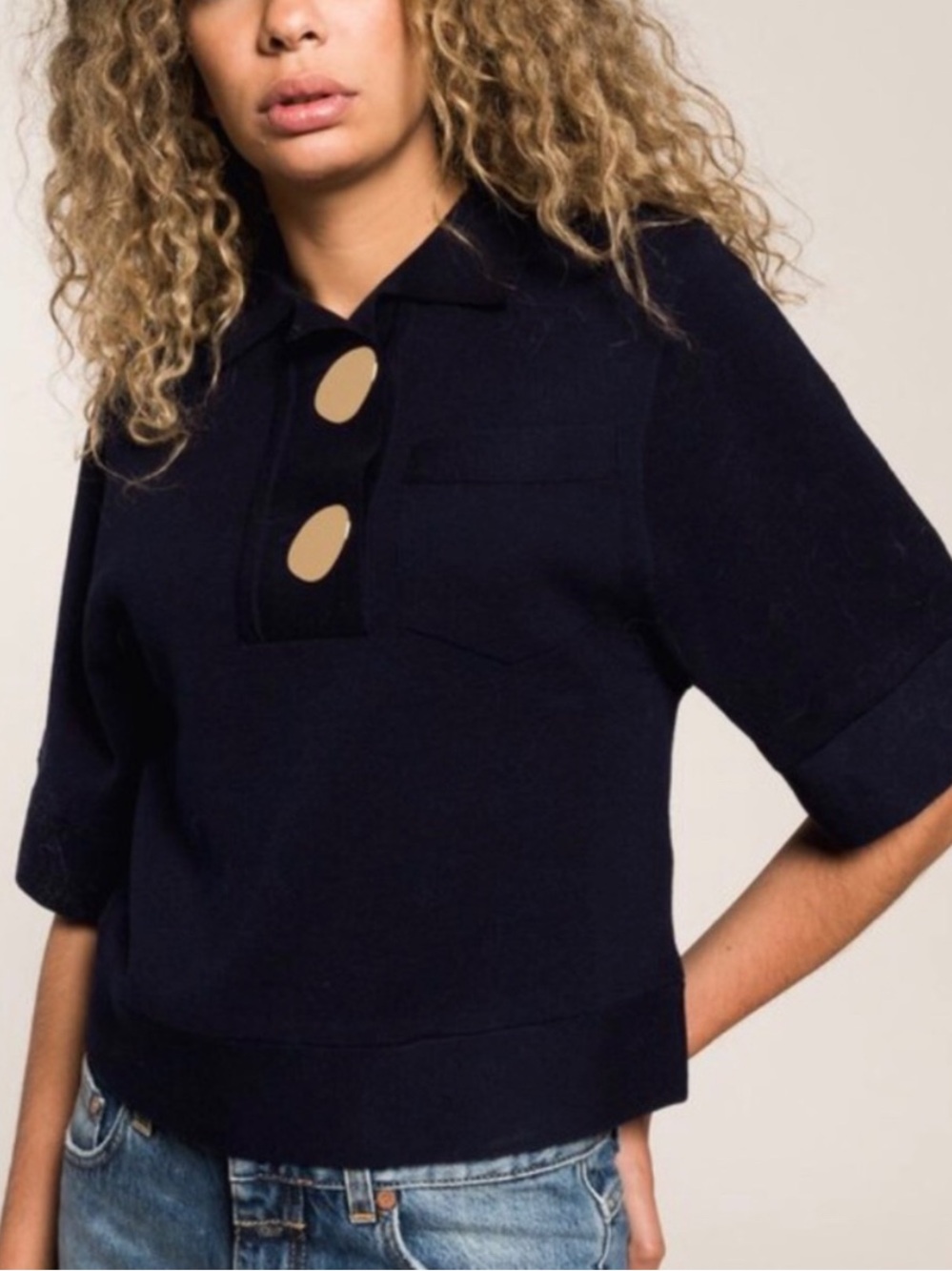 BA&SH Top Poline Short Sleeve Knit Top in Navy Blue Nuit